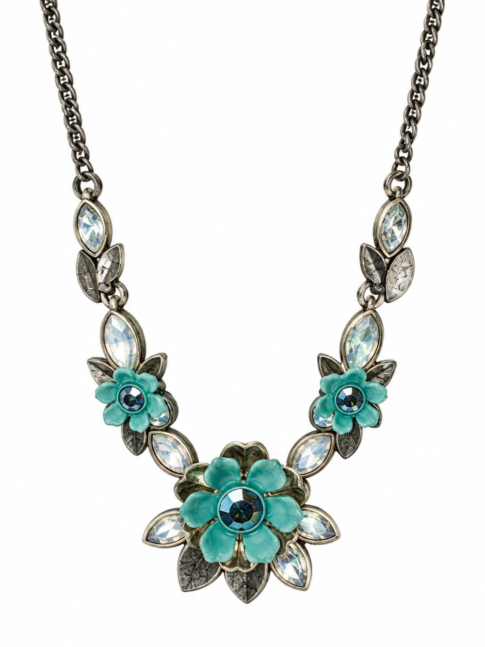Vintage Teal Floral Statement Antiqued Silver Tone Boho Artisan Layered Necklace